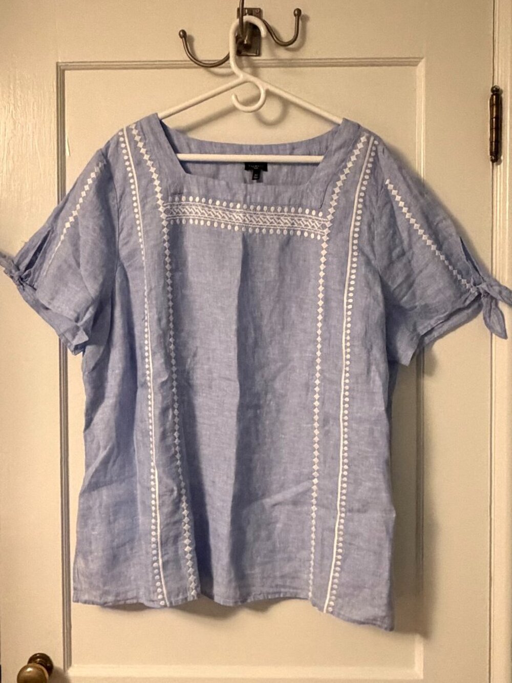 Talbots 100% linen blue embroidered tie sleeve blouse size 3x preppy classic